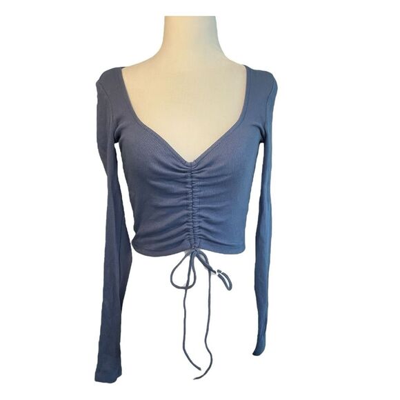 Zara Ruched Crop Top Periwinkle Blue Ribbed Knit Long Sleeve S - Picture 3 of 7